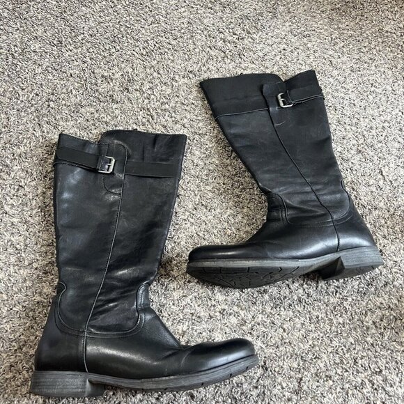 Tara M Union Black Leather Tall Riding Boots Size 41 US 10-10.5 Side Zip Buckle - Picture 1 of 8